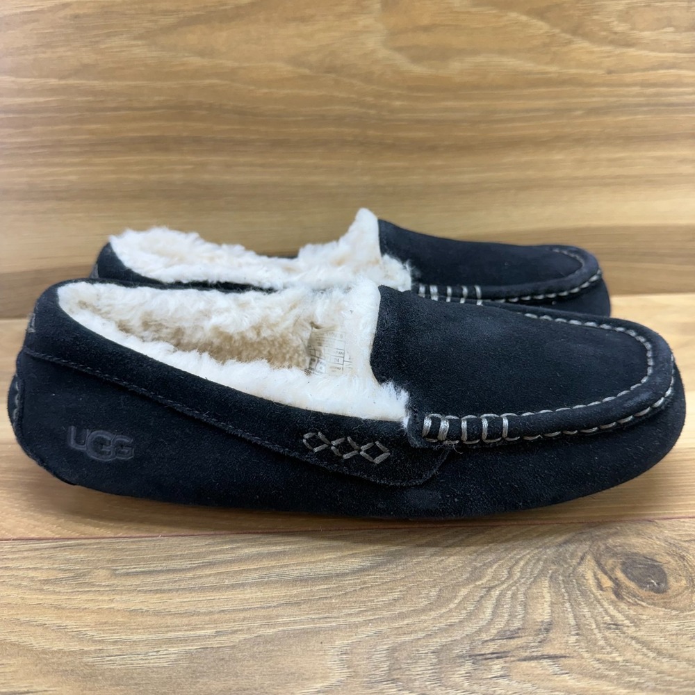 UGG Ansley Slippers Womens 7 Black Suede Sherpa Faux Fur Lined Moc Cozy Fall